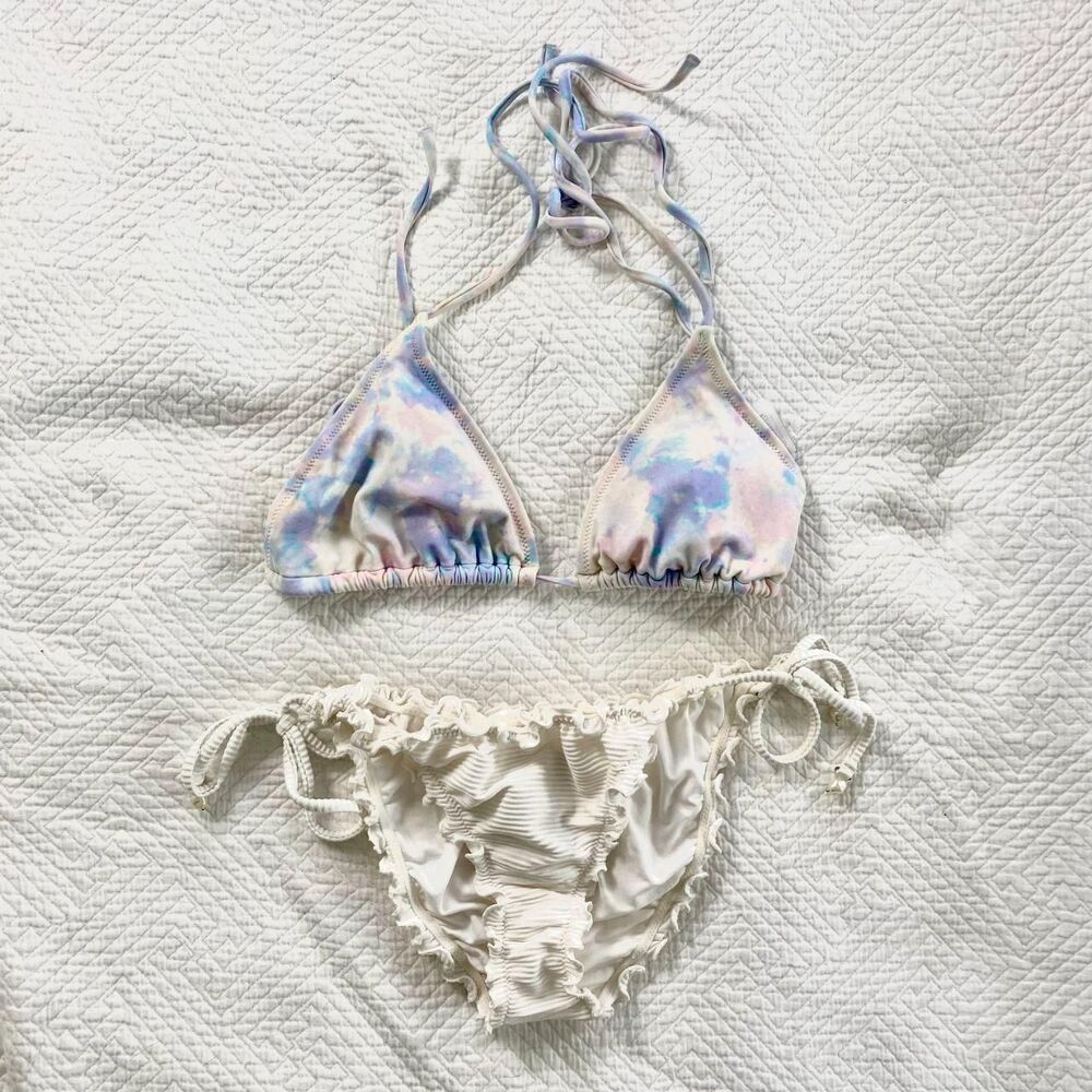 Sexy Little Scrunched tie-dye and white triangle string bikini set M / 8
